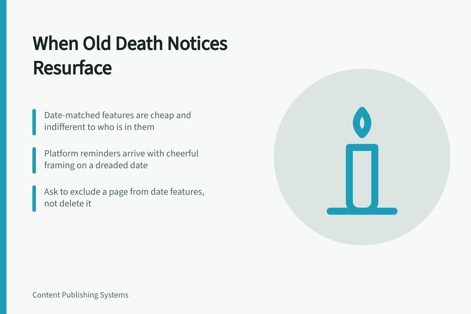 Card about old death notices resurfacing through date features and reminders. 5 parts of anniversaries and archives this week, explained