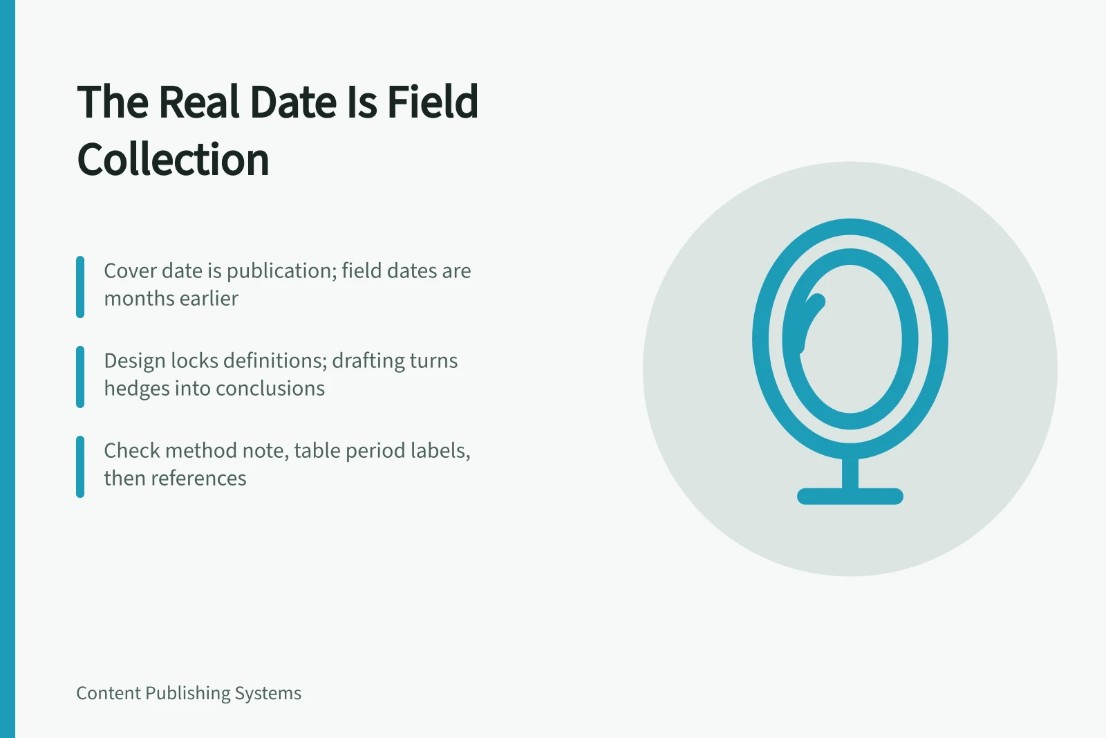 Timeline stages of an annual trend report from field collection to publication. An annual trend report moves through stages before its real date shows