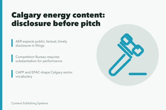 Card on Calgary energy content marketing, AER disclosure and Competition Bureau claim rules. Calgary content marketing for energy and regulated industries