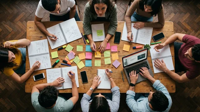 eam, workshop, office, collaboration, sticky notes, planning, strategy, brainstorming, table, overhead, people, working, laptop, notebooks, creativity, business, meeting, together, analysis, group, ai generated. Content Workflow Design for Teams: Roles, Gates, Evidence, and Release