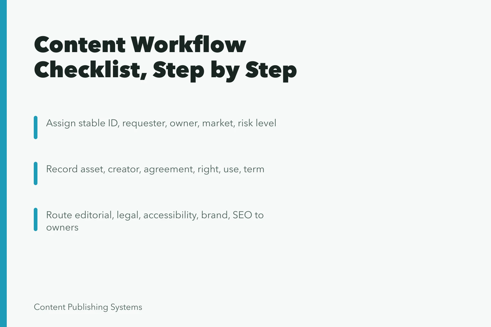 Checklist card for content creation workflow steps and review owners. Content Creation Workflow Checklist, Step by Step