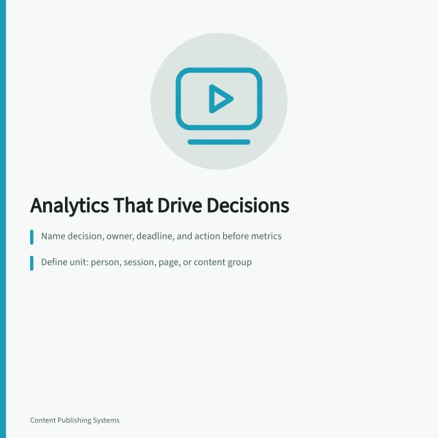 Card summarizing decision-first content marketing analytics: define decisions, document measures, combine evidence. Turning Content Marketing Analytics Into a Decision: Not Just a Report