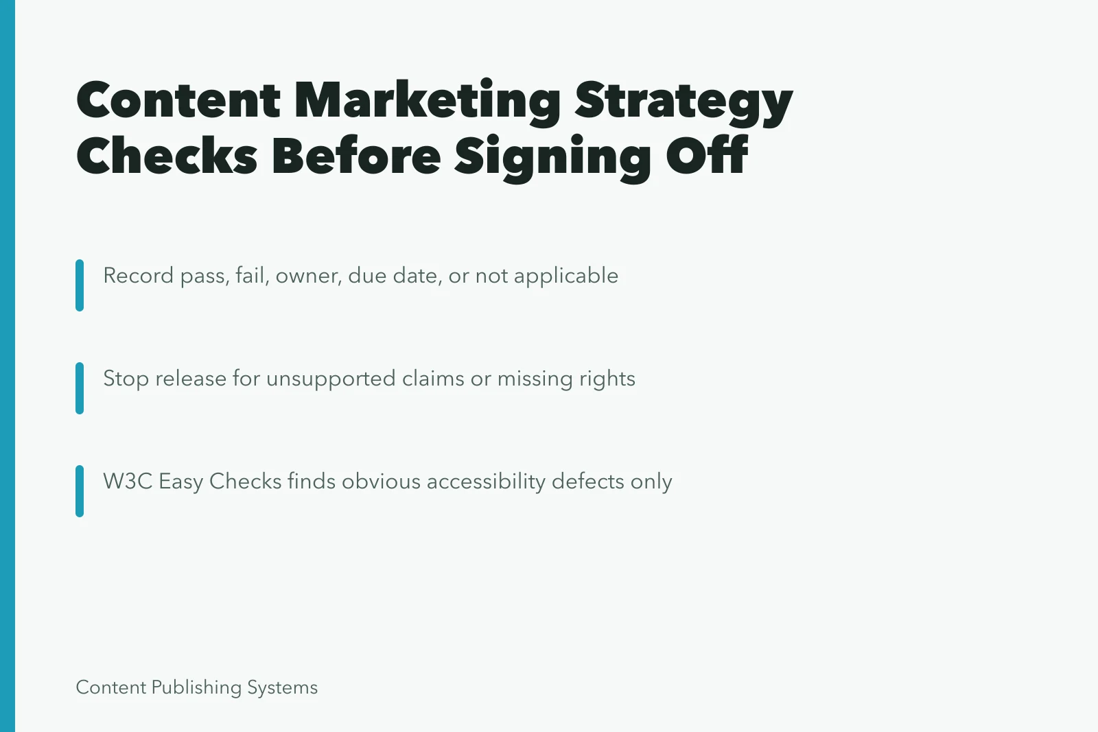 Checklist card for content marketing strategy approval before signing off. 6 Content Marketing Strategy Checks Before Signing Off