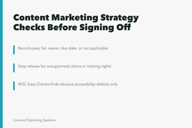Checklist card for content marketing strategy approval before signing off. 6 Content Marketing Strategy Checks Before Signing Off