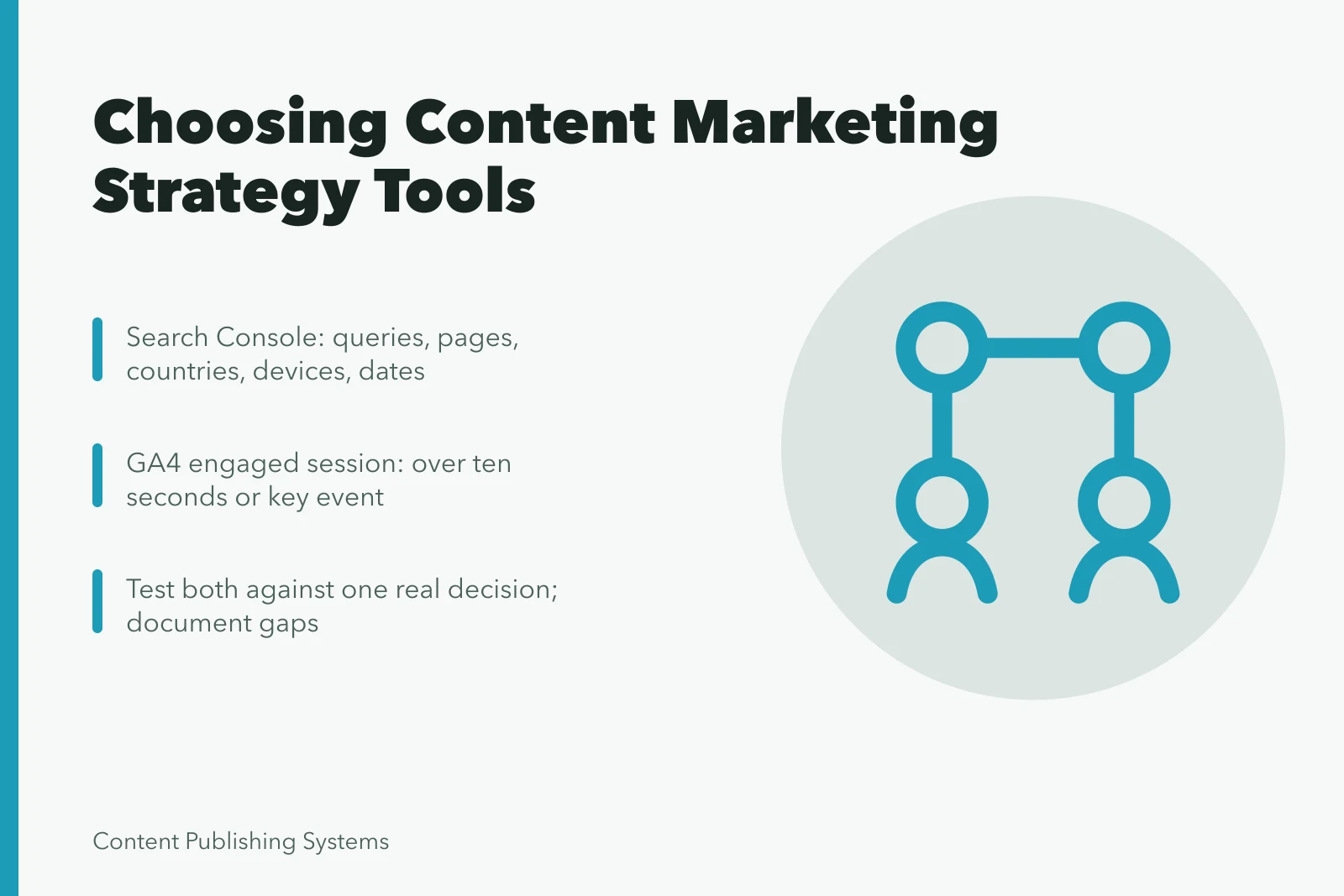 Card comparing Search Console and Google Analytics 4 for content marketing tools. 5 Points on Choosing Content Marketing Strategy Tools