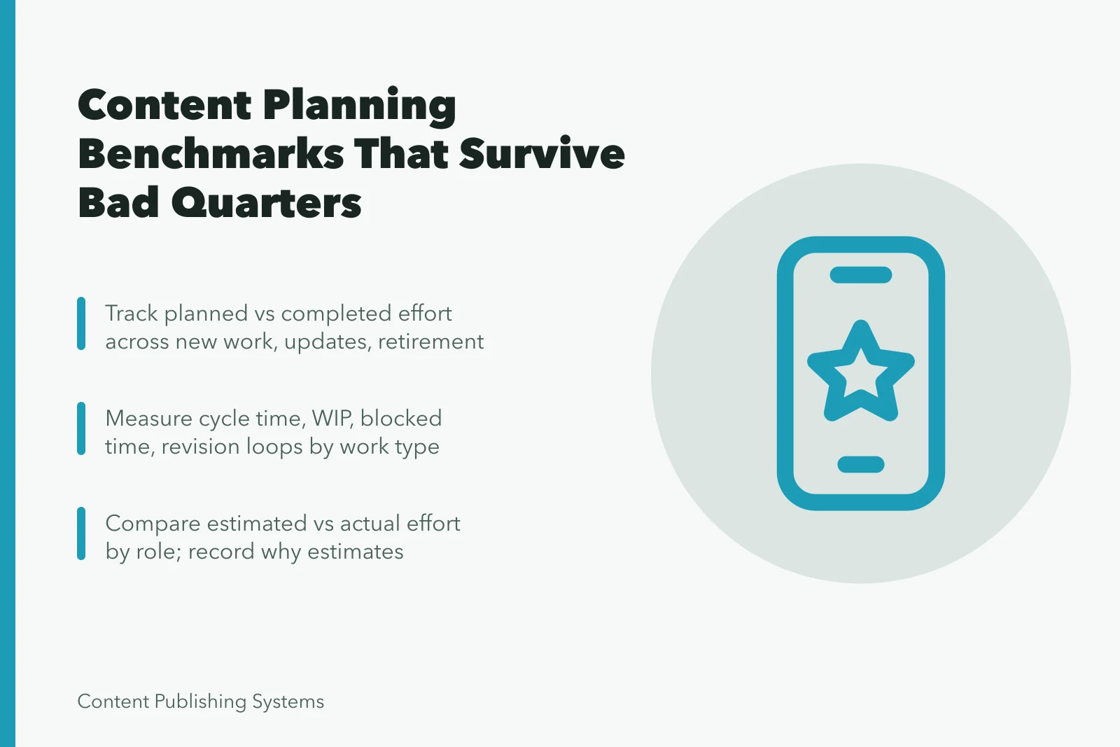 Card summarizing content planning benchmarks for portfolio, flow, and capacity accuracy. Setting Content Planning Benchmarks: Built to Survive a Bad Quarter