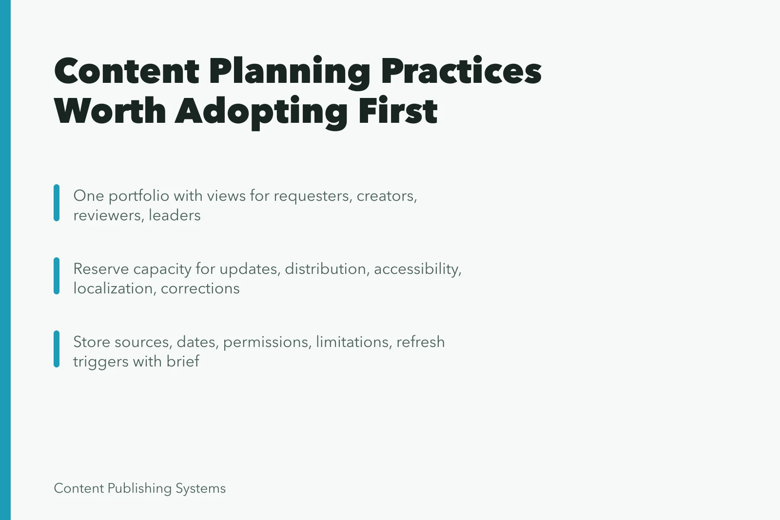 Card listing content planning practices: one portfolio, reserved capacity, proof records. The Content Planning Best Practices Worth Adopting First