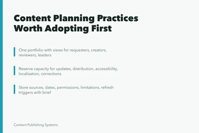 Card listing content planning practices: one portfolio, reserved capacity, proof records. The Content Planning Best Practices Worth Adopting First