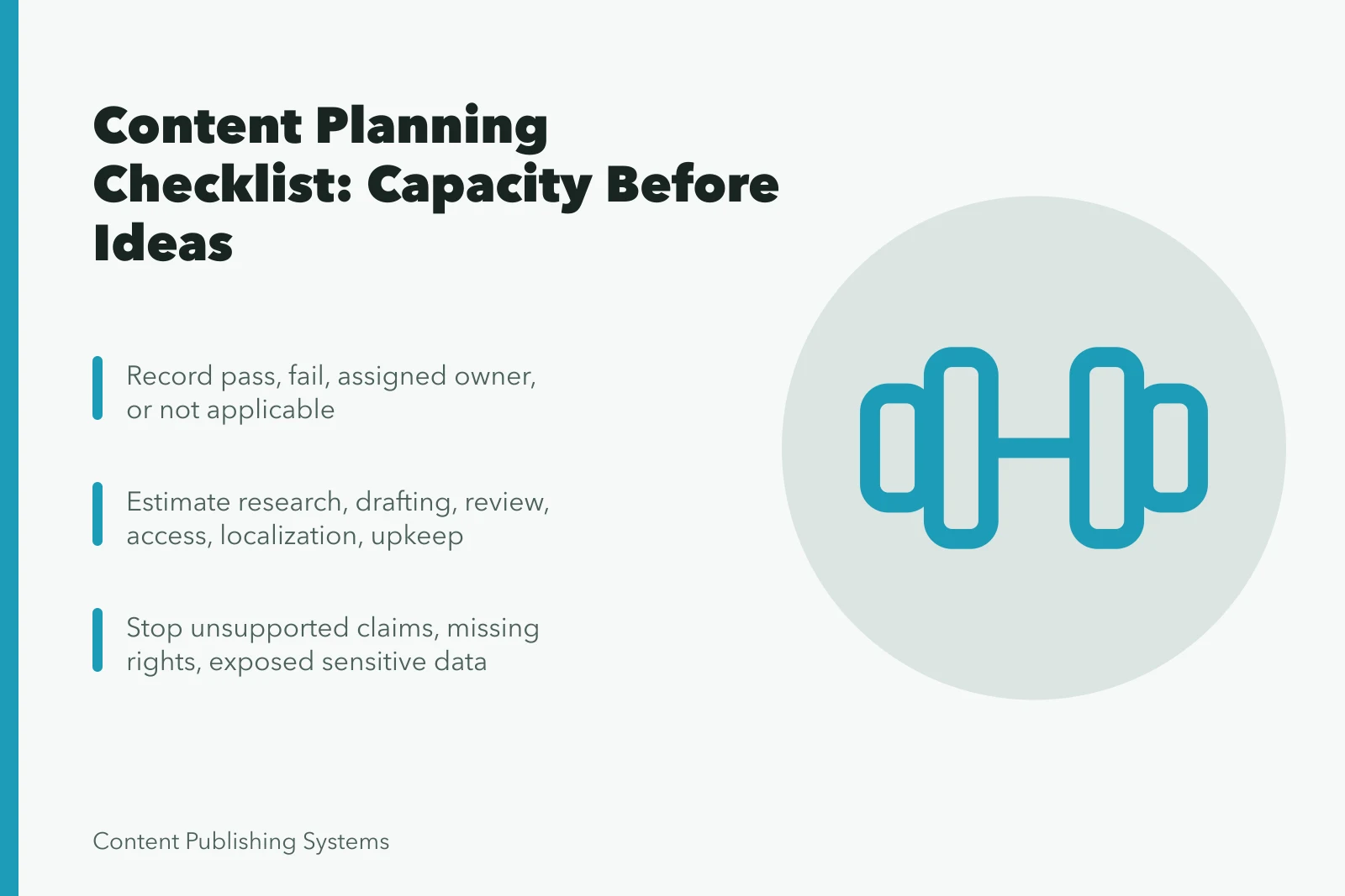 Checklist card for content planning capacity, evidence, and accountability. Checklist for Content Planning That Covers Capacity, Not Just Ideas