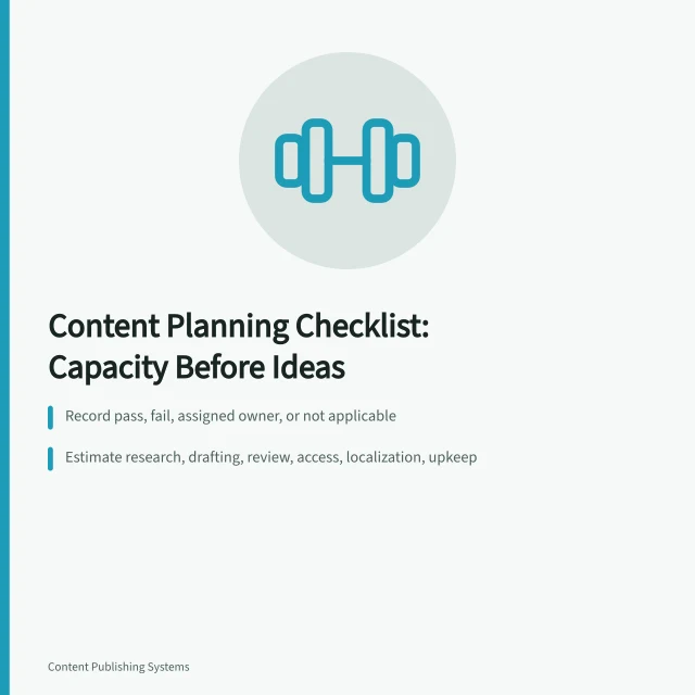 Checklist card for content planning capacity, evidence, and accountability. Checklist for Content Planning That Covers Capacity, Not Just Ideas