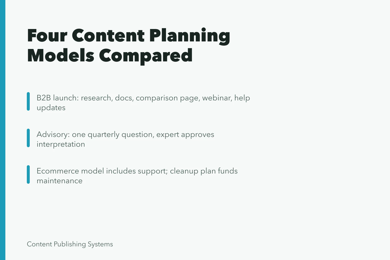 Card comparing four content planning examples: B2B launch, advisory, ecommerce, cleanup. From Launch to Cleanup, Four Content Planning Examples Compared