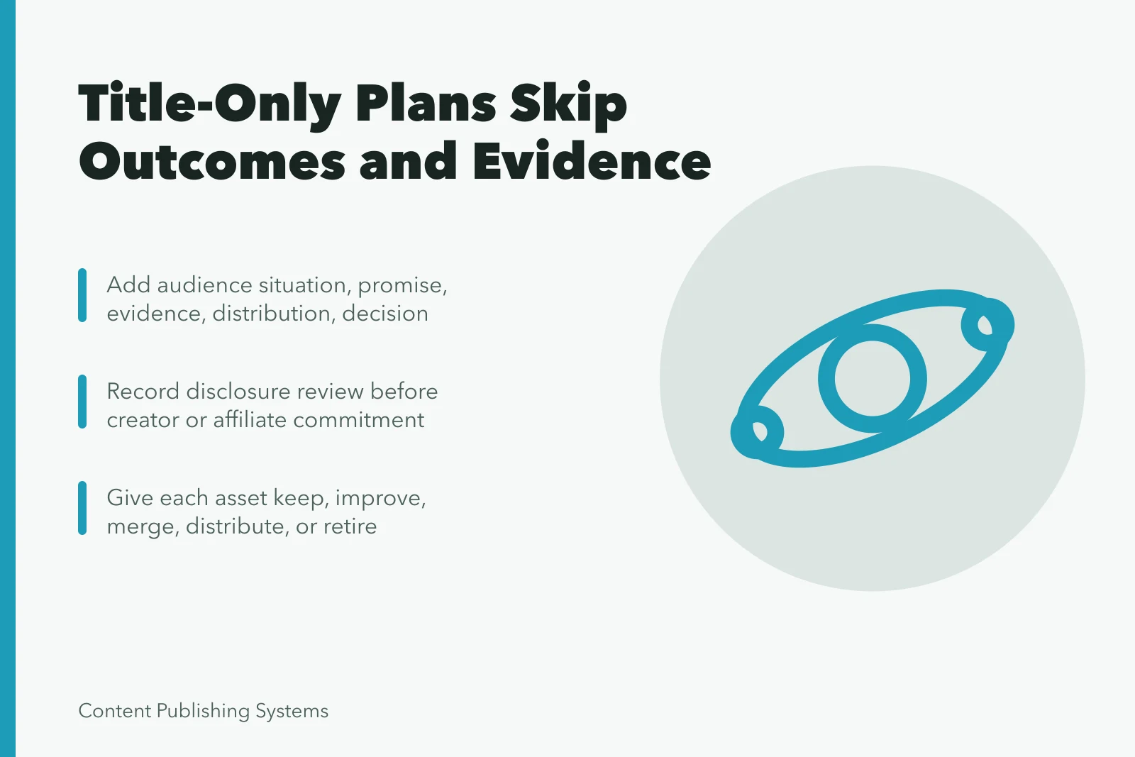 Card listing content planning mistakes: title-only plans, disclosure review, library decisions. Is Planning Titles Instead of Outcomes Really a Content Planning Mistake?