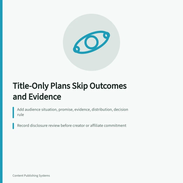 Card listing content planning mistakes: title-only plans, disclosure review, library decisions. Is Planning Titles Instead of Outcomes Really a Content Planning Mistake?