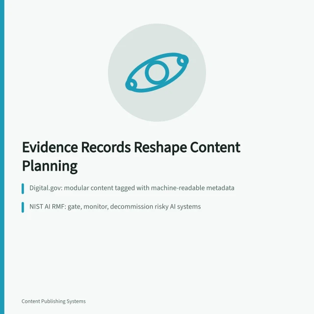Card summarizing evidence records, governed AI gates, and content grouping trends. Evidence Records Are Reshaping Content Planning: Away From Guesswork
