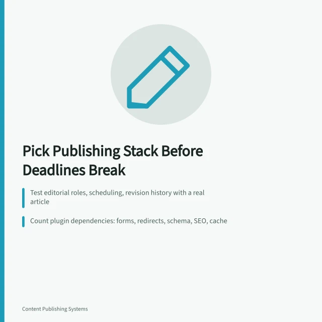 Card comparing content publishing systems by workflow, plugins, and lock-in criteria. Content Publishing Systems: Choosing the Stack Before the Workflow Breaks