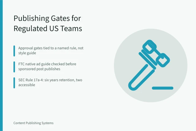 Card on approval gates, audit trails, and retention for regulated content publishing. Content Publishing Systems for Regulated US Teams: What to Check First