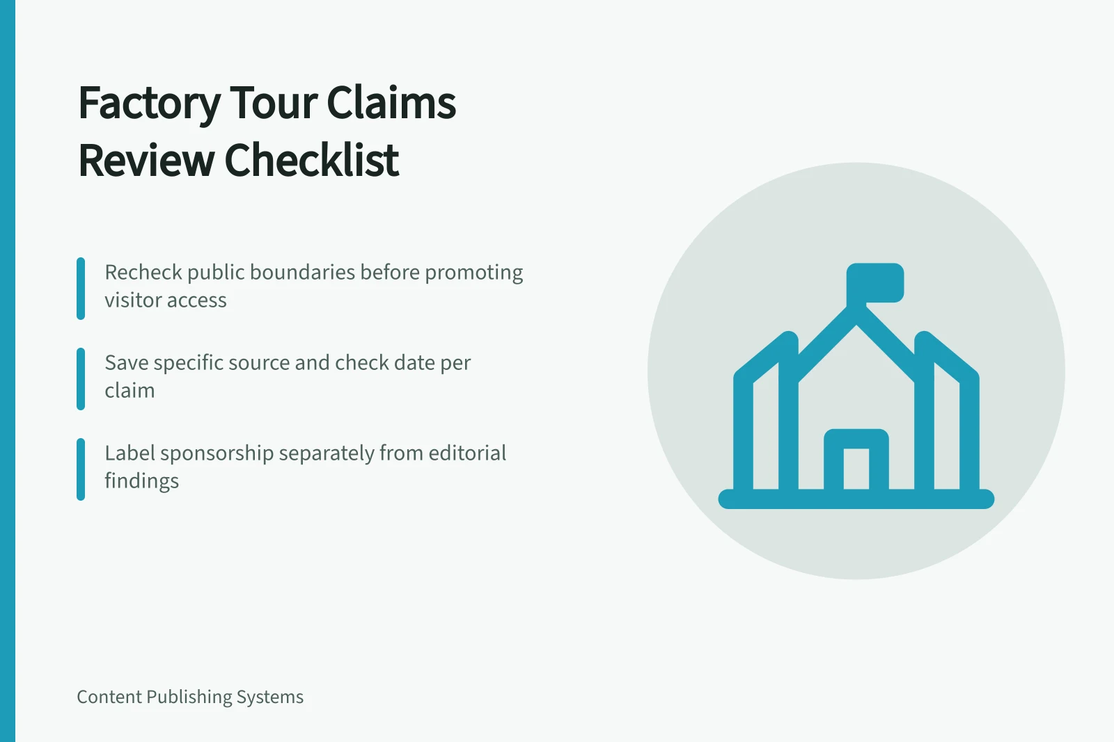 Checklist card for reviewing factory tour access claims and sources. Factory tours maintenance plan scope checklist: what publishers must review
