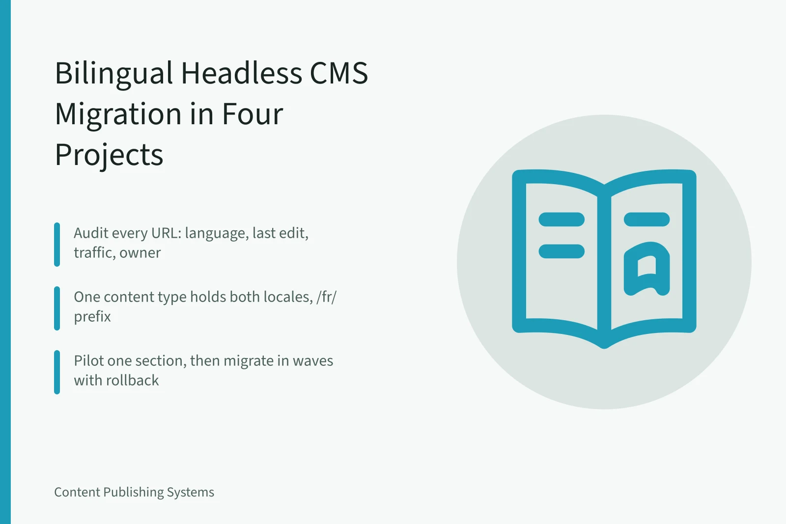 Card outlining bilingual headless CMS migration steps for Canadian content teams. Headless CMS Migration for Bilingual Canadian Content Teams