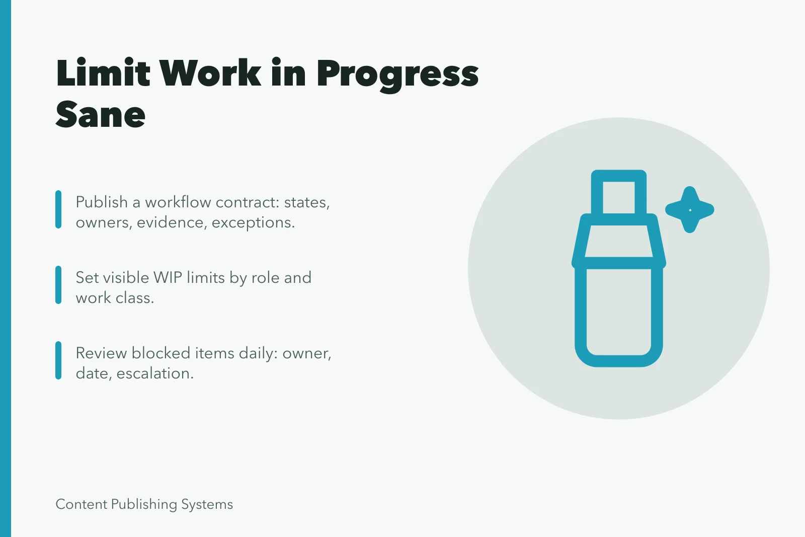 Card summarizing workflow contract, WIP limits, and daily blocker review. Limiting Work in Progress Keeps a Content Workflow Sane