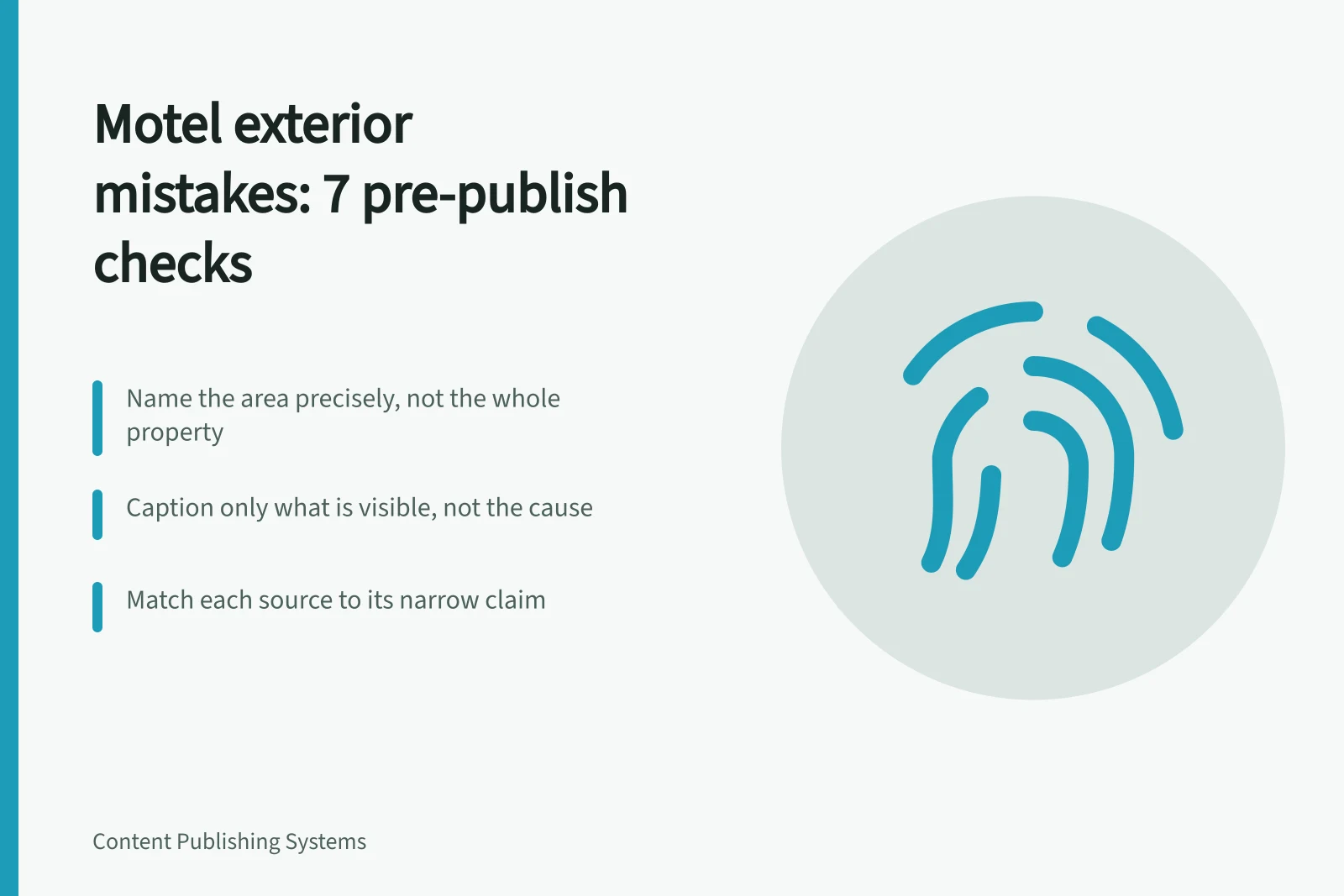 Checklist card for motel exterior photo captions and source verification. Motel exterior mistakes checklist: 7 errors to catch before you publish