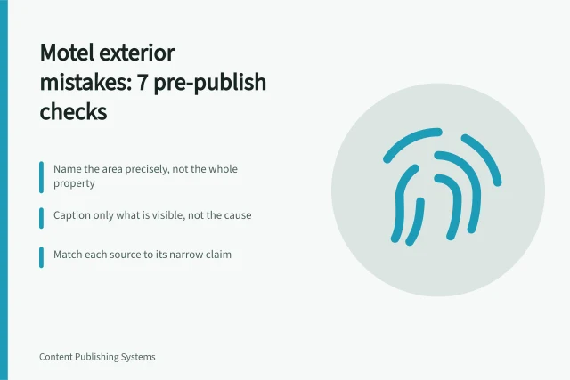 Checklist card for motel exterior photo captions and source verification. Motel exterior mistakes checklist: 7 errors to catch before you publish