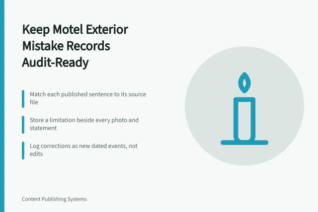 Card on keeping motel exterior mistake records that survive scrutiny. How to keep motel exterior mistakes records that survive scrutiny
