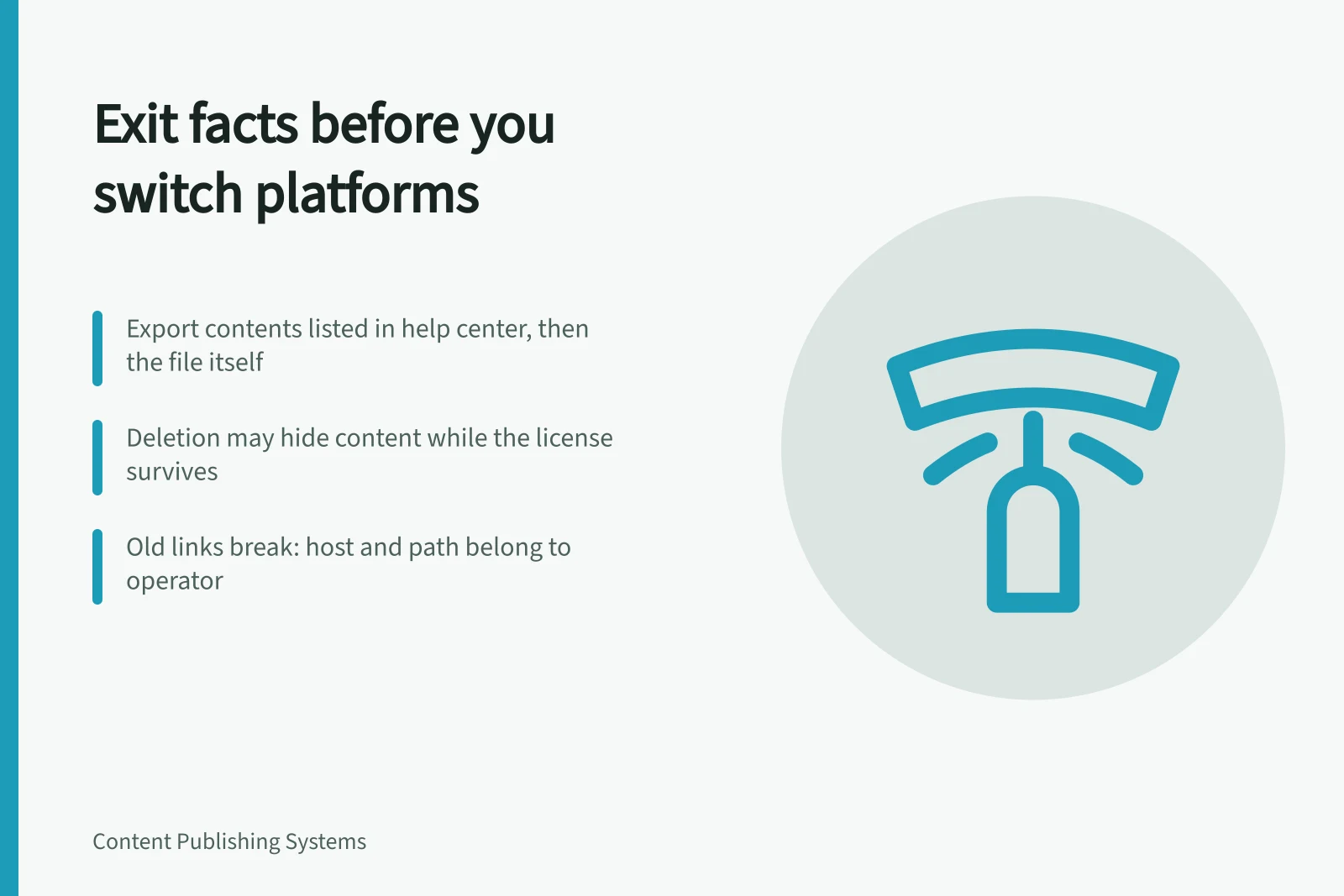Card listing platform exit facts: exports, deletion, licenses, and broken links. Platform alternatives facts from the ground up