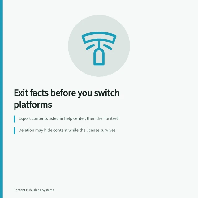 Card listing platform exit facts: exports, deletion, licenses, and broken links. Platform alternatives facts from the ground up
