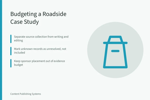 Card outlining budget steps for roadside case study research and writing. How to budget a modern roadside design case study