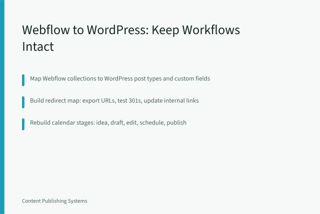 Card outlining Webflow to WordPress migration steps for content teams. Webflow to WordPress Migration: Keeping Content Workflows Intact