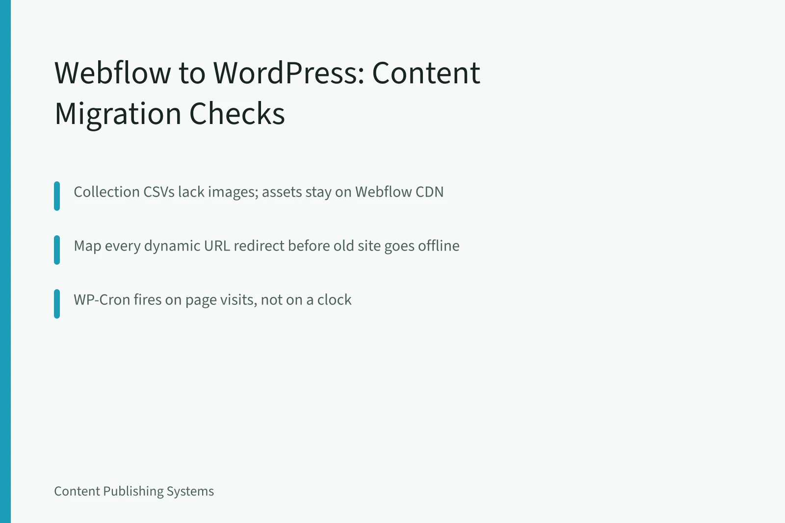 Card summarizing Webflow to WordPress migration checks for content teams. Webflow to WordPress Migration: What Content Teams Must Check First