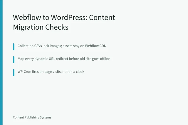 Card summarizing Webflow to WordPress migration checks for content teams. Webflow to WordPress Migration: What Content Teams Must Check First