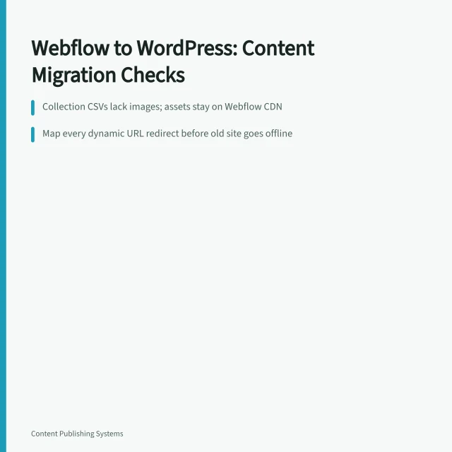 Card summarizing Webflow to WordPress migration checks for content teams. Webflow to WordPress Migration: What Content Teams Must Check First