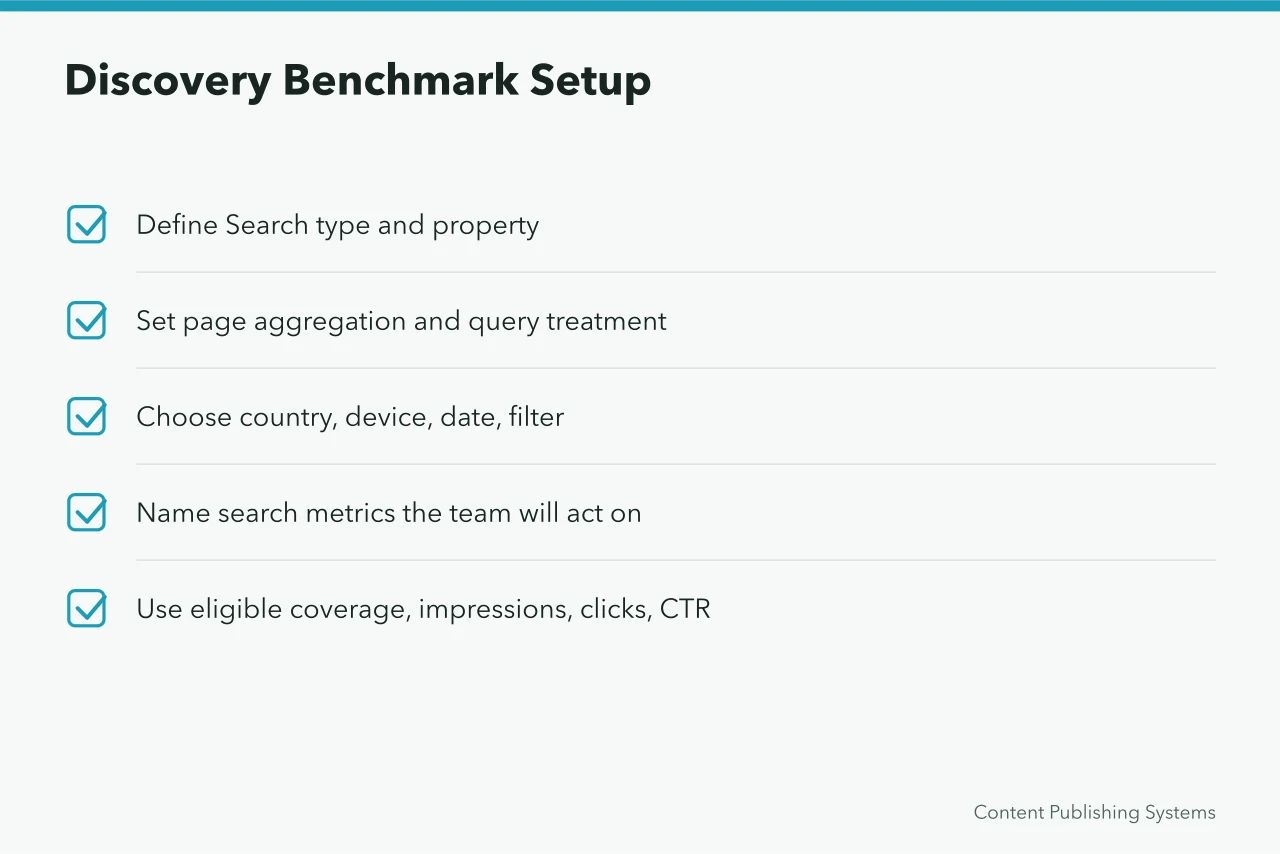 Checklist for defining Search Console discovery benchmark settings and metrics (Reading Content Marketing Strategy Benchmarks Without Fooling Yourself)
