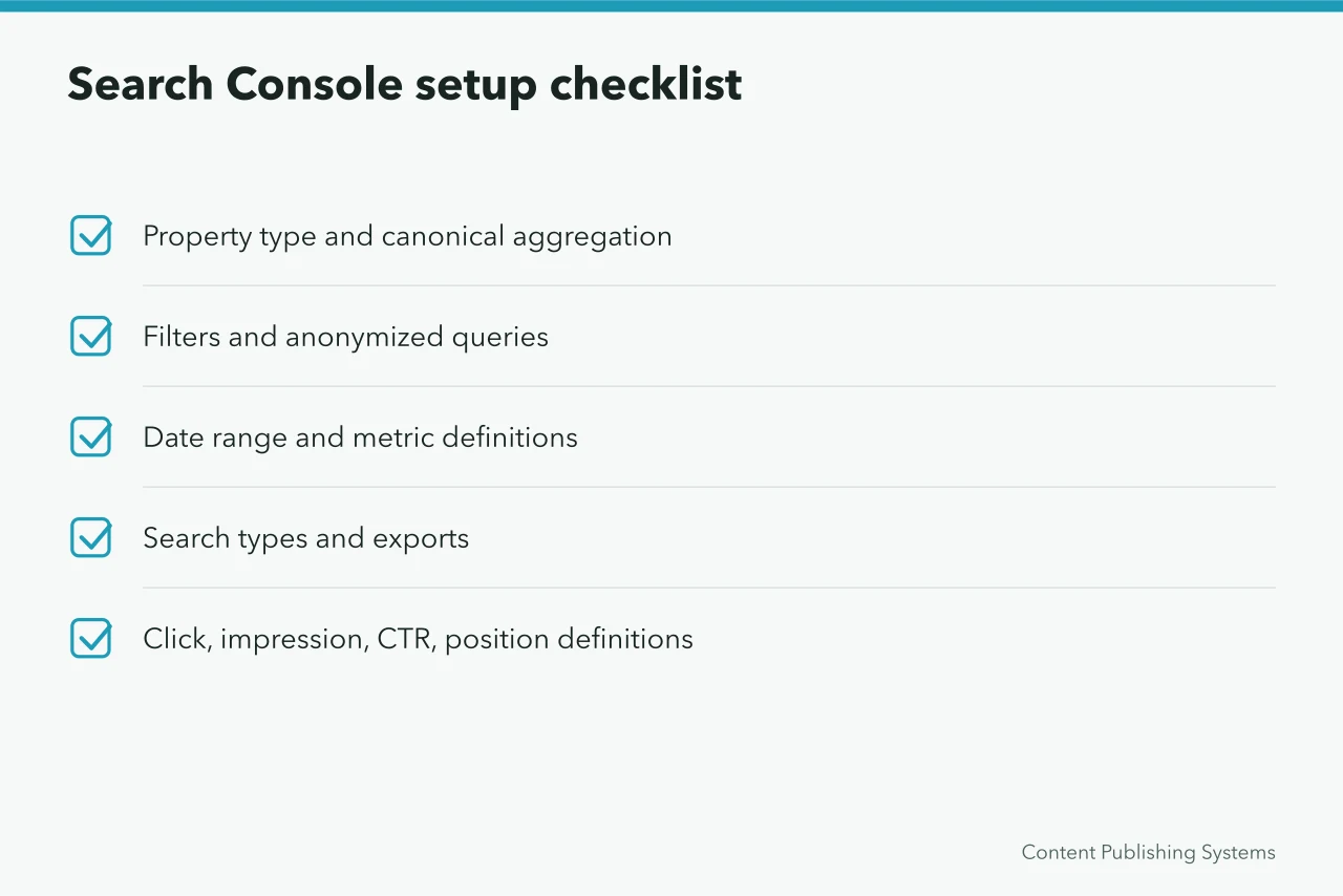 Checklist of Search Console setup items to verify before benchmarking (5 Points on Choosing Content Marketing Strategy Tools)